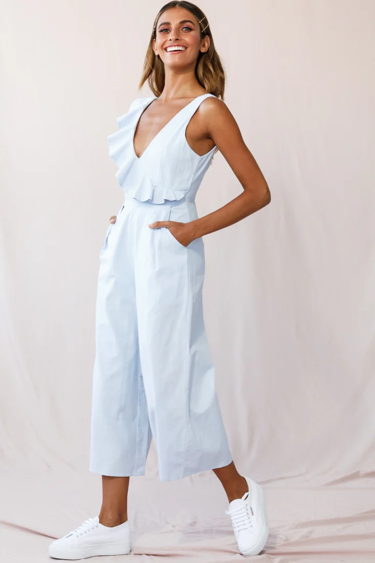 Cheryl Ruffle Strap Wide Leg Jumpsuit Steel Blue - Sonourner