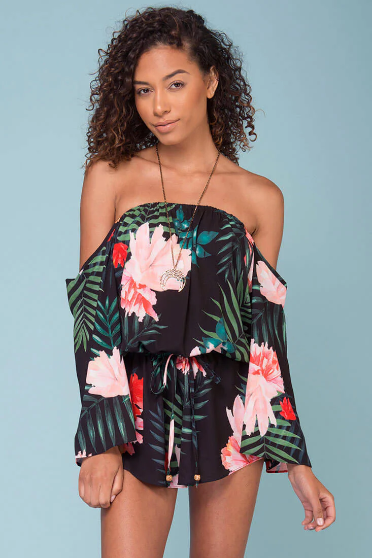 Alyssa Floral Off The Shoulder Romper Black - Sonourner