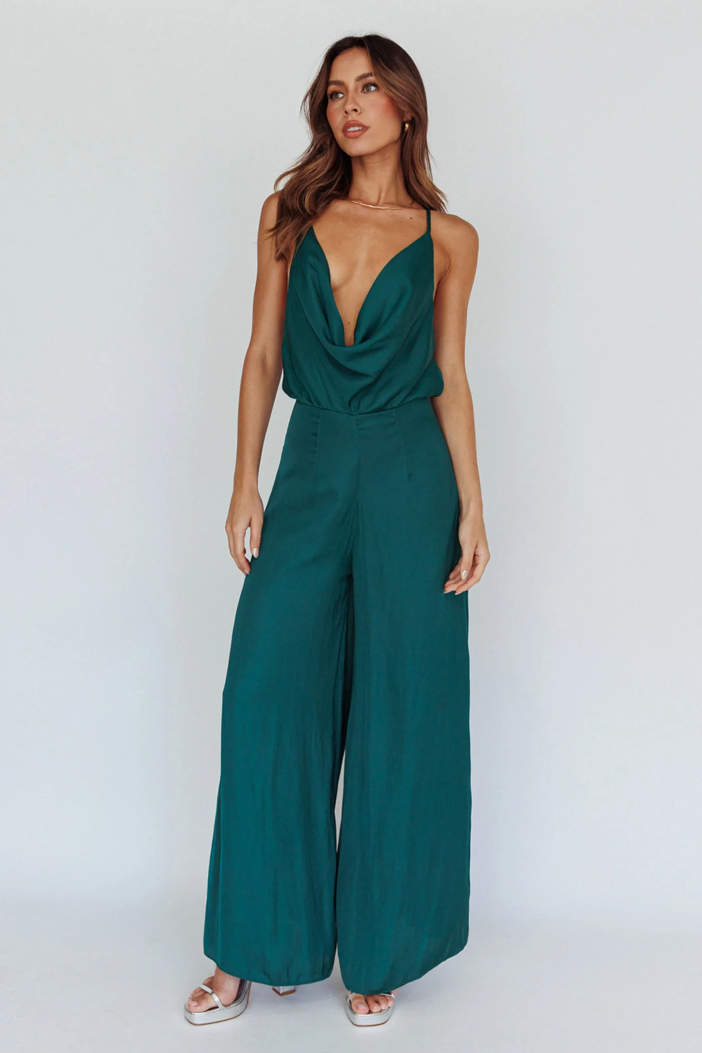 Jaclyn Wide-Leg Cowl Neck Jumpsuit Forest Green - Sonourner