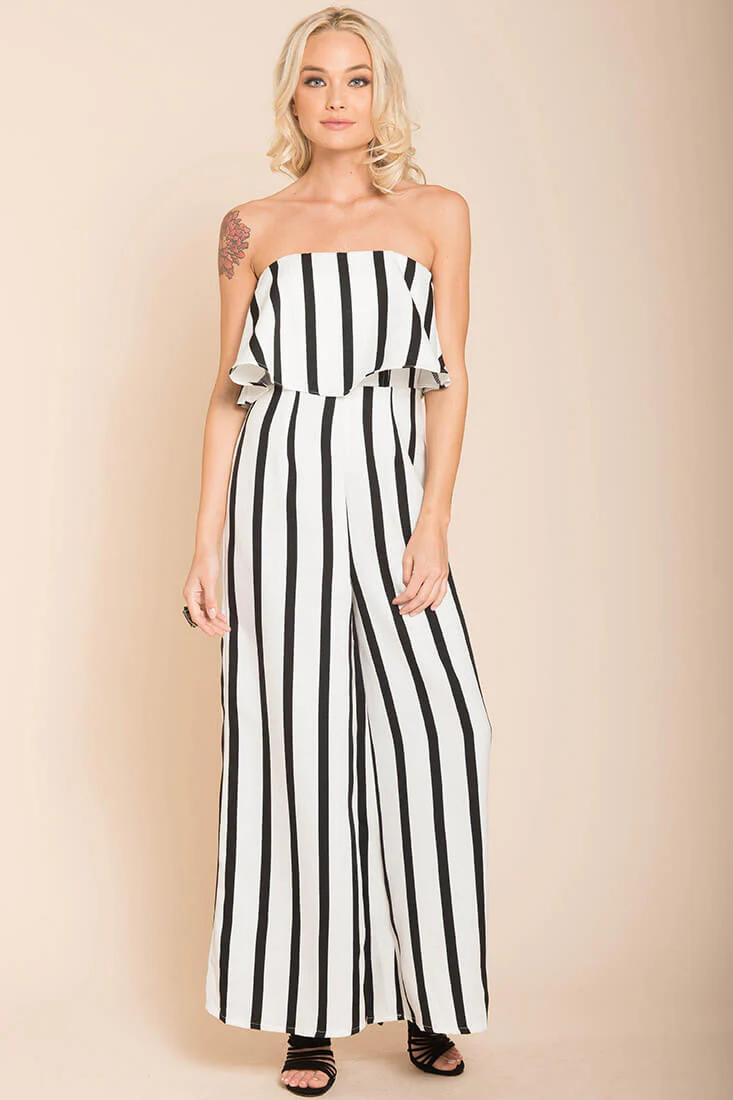 Posh Pin Stripe Ruffle Jumpsuit White - Sonourner