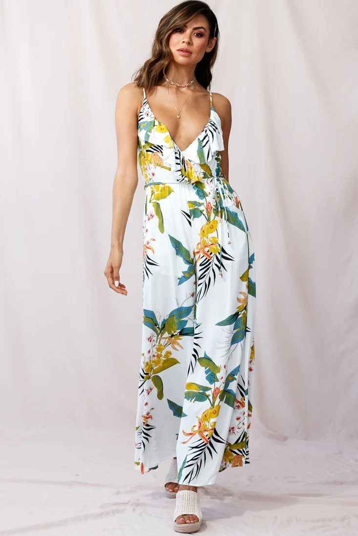 Melita Ruffle V-Neckline Jumpsuit Tropical Print White - Sonourner