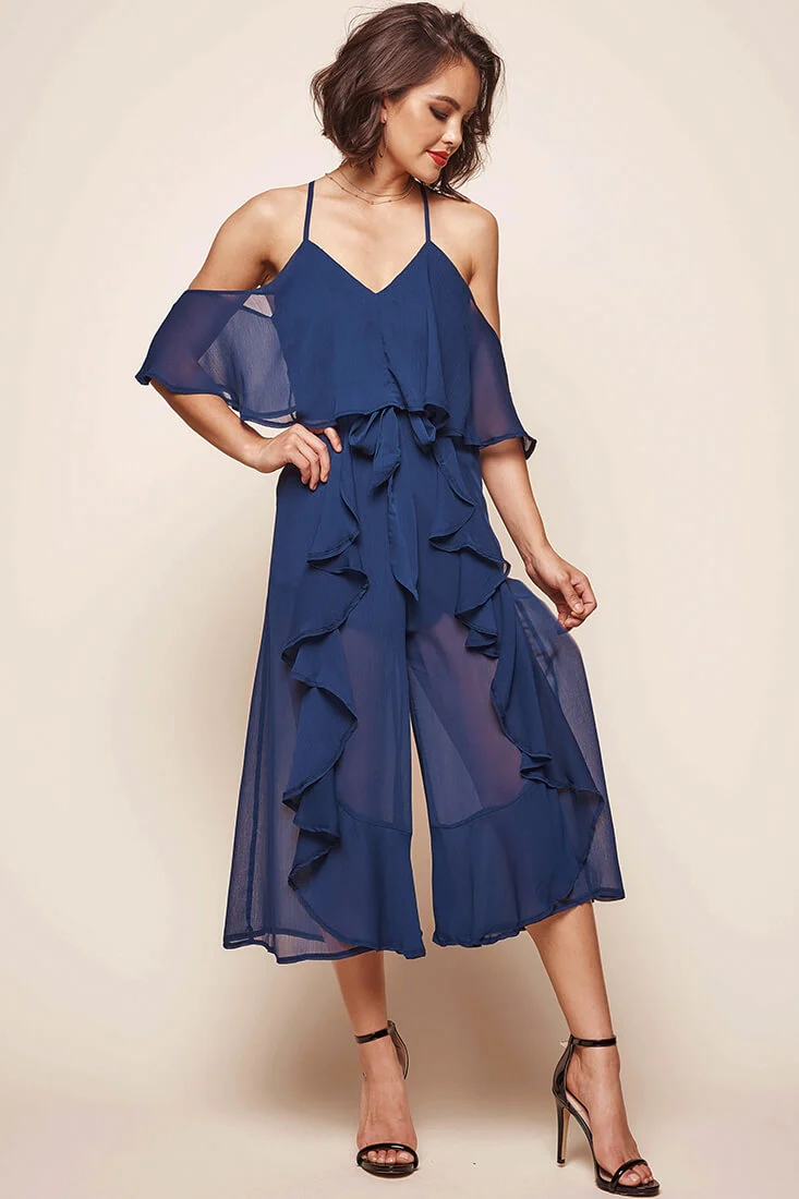 Constance Midi Ruffle Jumpsuit Navy - Sonourner