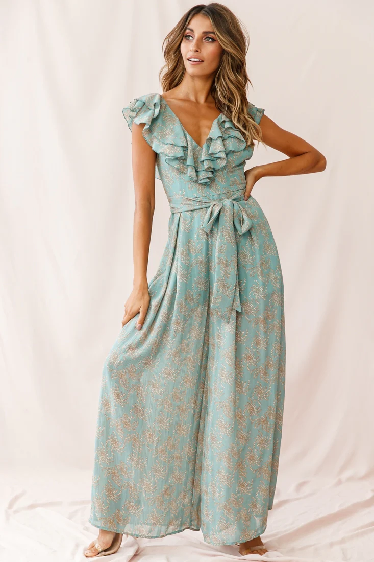 Marcia Ruffle Strap Wide Leg Jumpsuit Floral Print Sage - Sonourner
