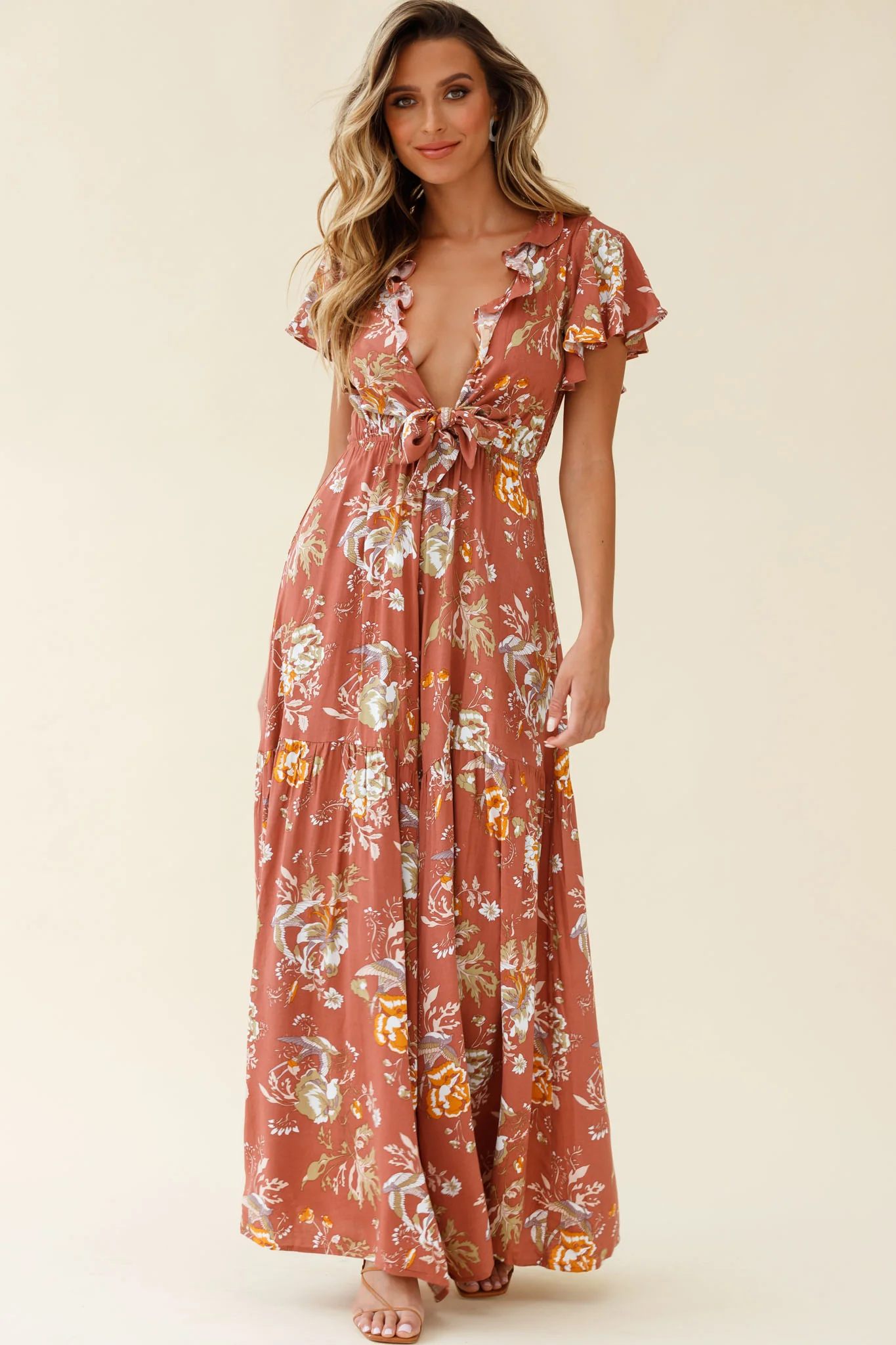 Kasey Tied Bust Wide Leg Floral Print Jumpsuit Rose - Sonourner