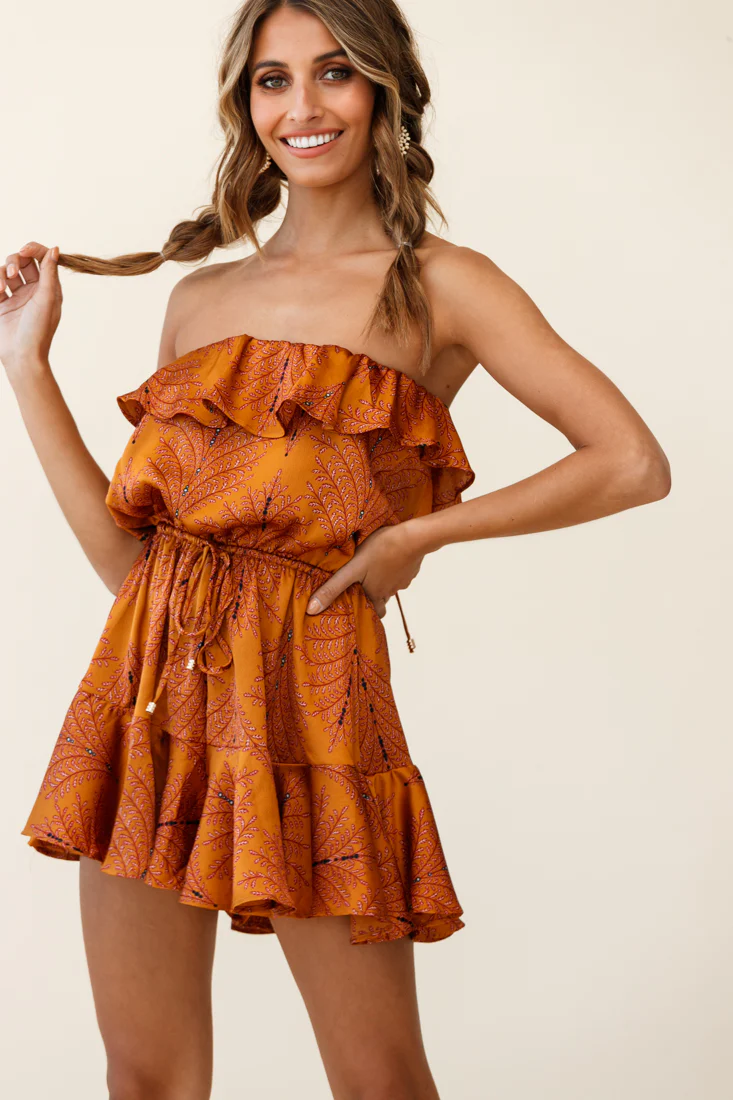 Pasadena Bandeau Tie-Back Romper Leaf Pattern Mustard - Sonourner