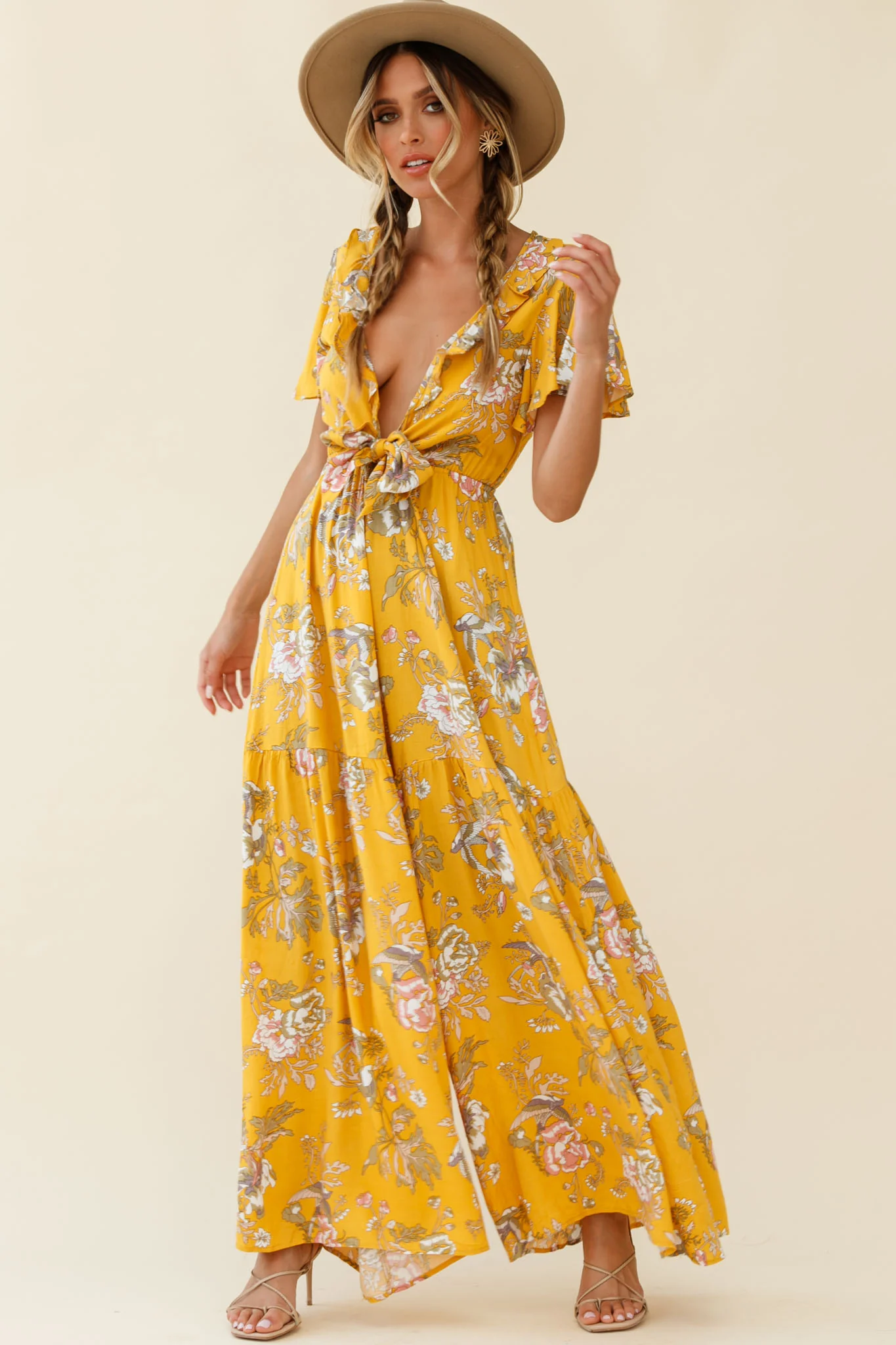 Kasey Tied Bust Wide Leg Floral Print Jumpsuit Mustard - Sonourner
