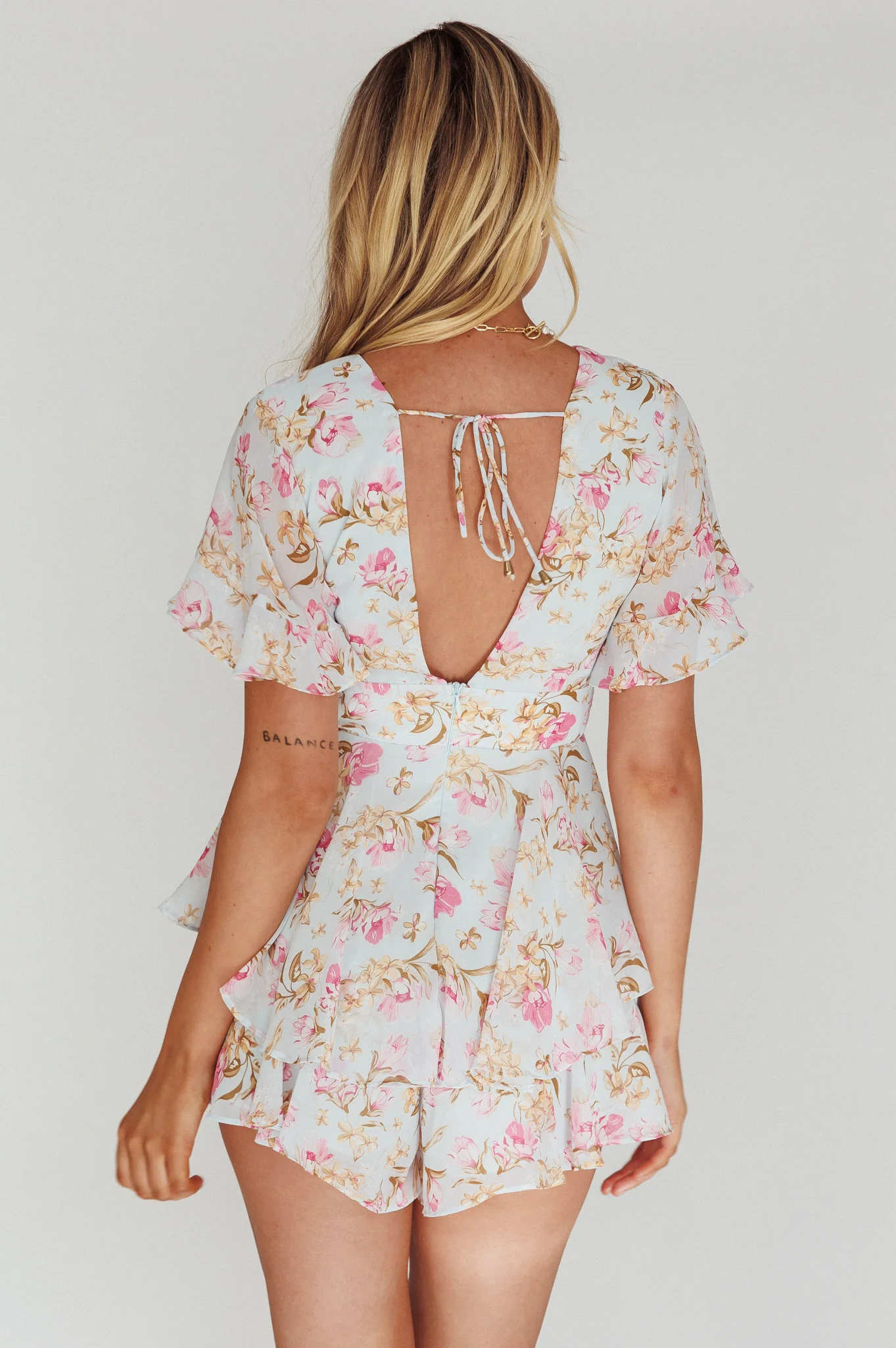 Golden Light Pintuck Pleat Romper Floral Blue - Sonourner