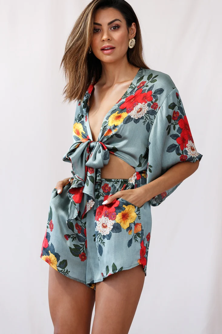 Rivera Tie-Knot Bell Sleeve Romper Sage - Sonourner