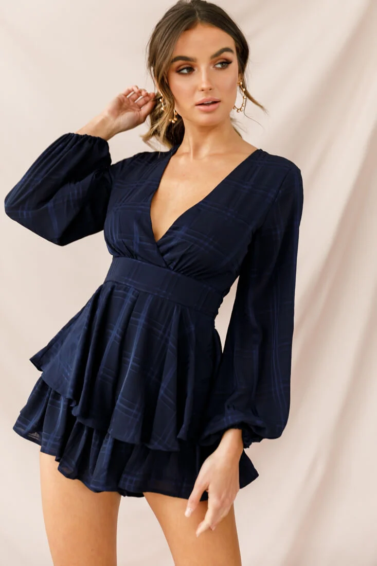 Maddox Fit & Flare Long Sleeve Romper Navy - Sonourner