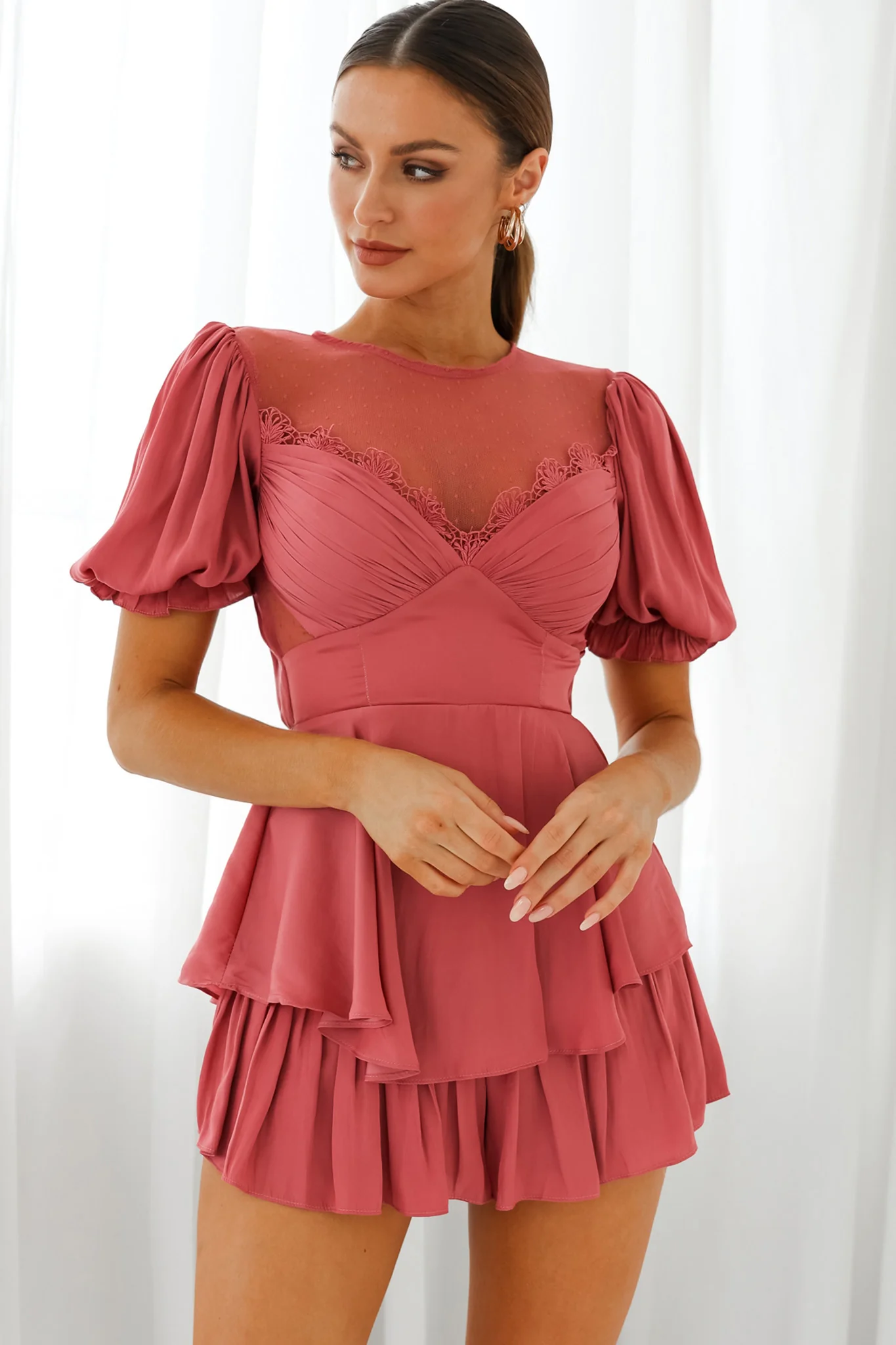 L'amour Lace Mesh Bust Puff Sleeve Romper Rose - Sonourner