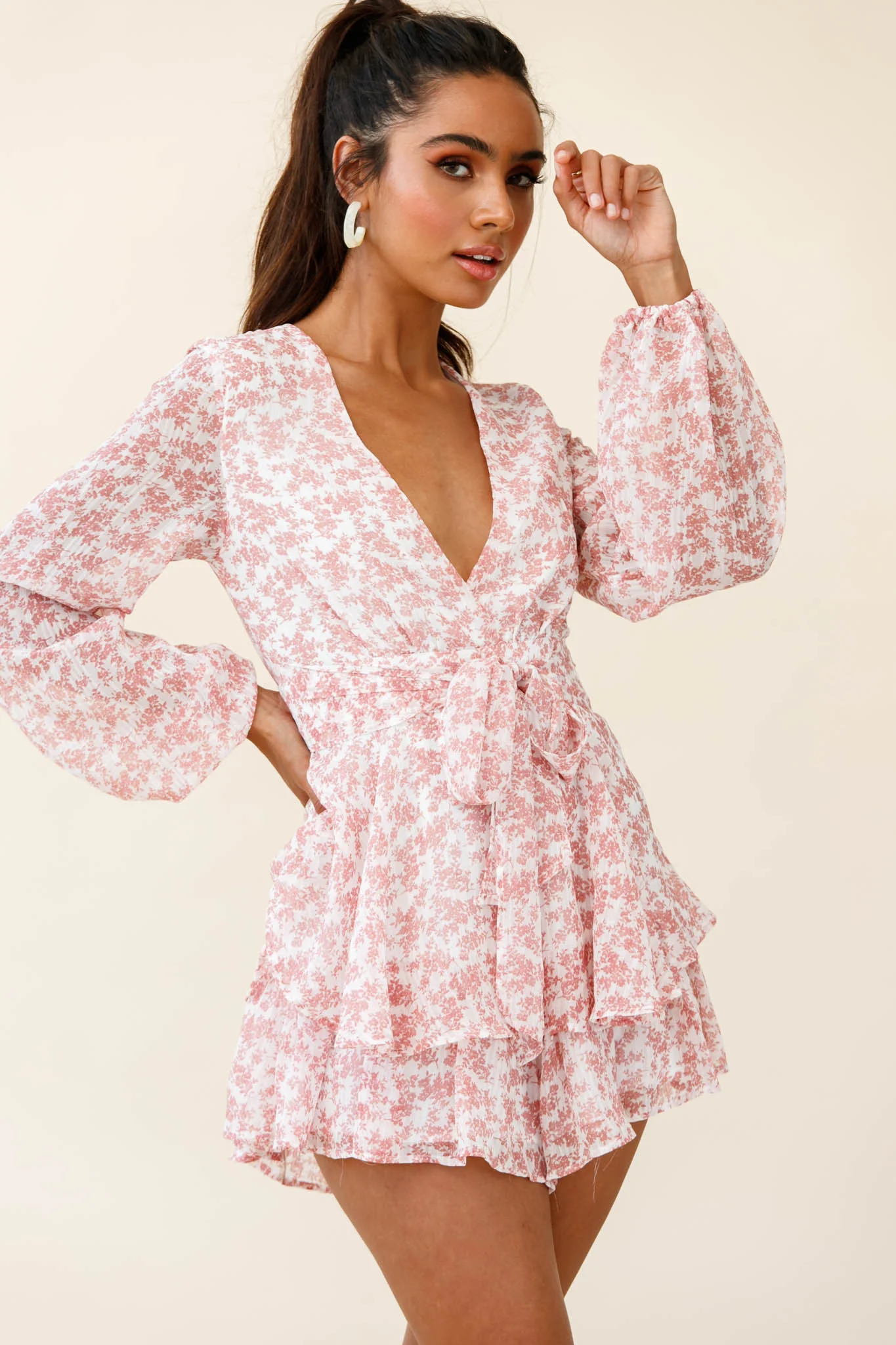 Maddox Fit & Flare Long Sleeve Romper Dainty Floral Print Pink - Sonourner