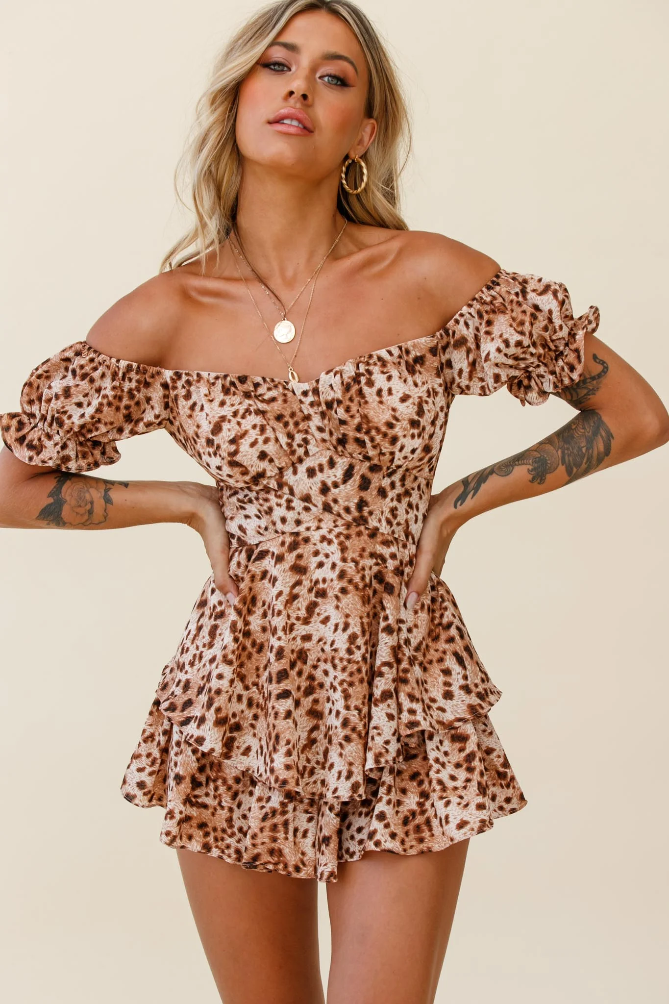 Linka Off-Shoulder Tie Back Romper Leopard Print Brown - Sonourner