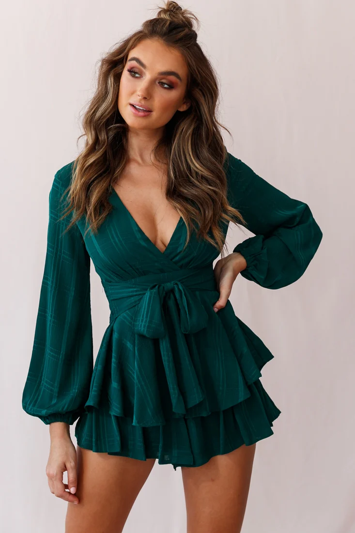 Maddox Fit & Flare Long Sleeve Romper Forest Green - Sonourner