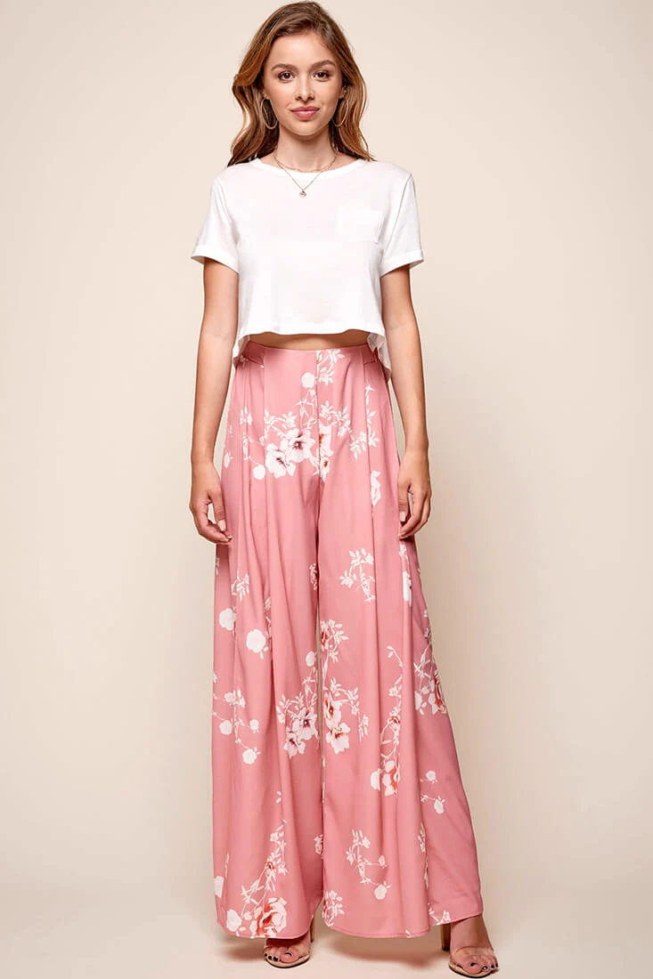 Kaya Wide Leg Floral Pants Blush - Sonourner