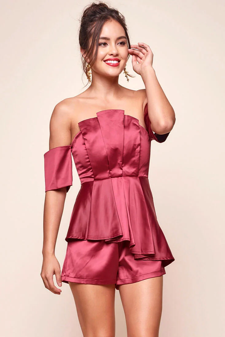 Aly Off the Shoulder Dressy Satin Romper Red Wine - Sonourner