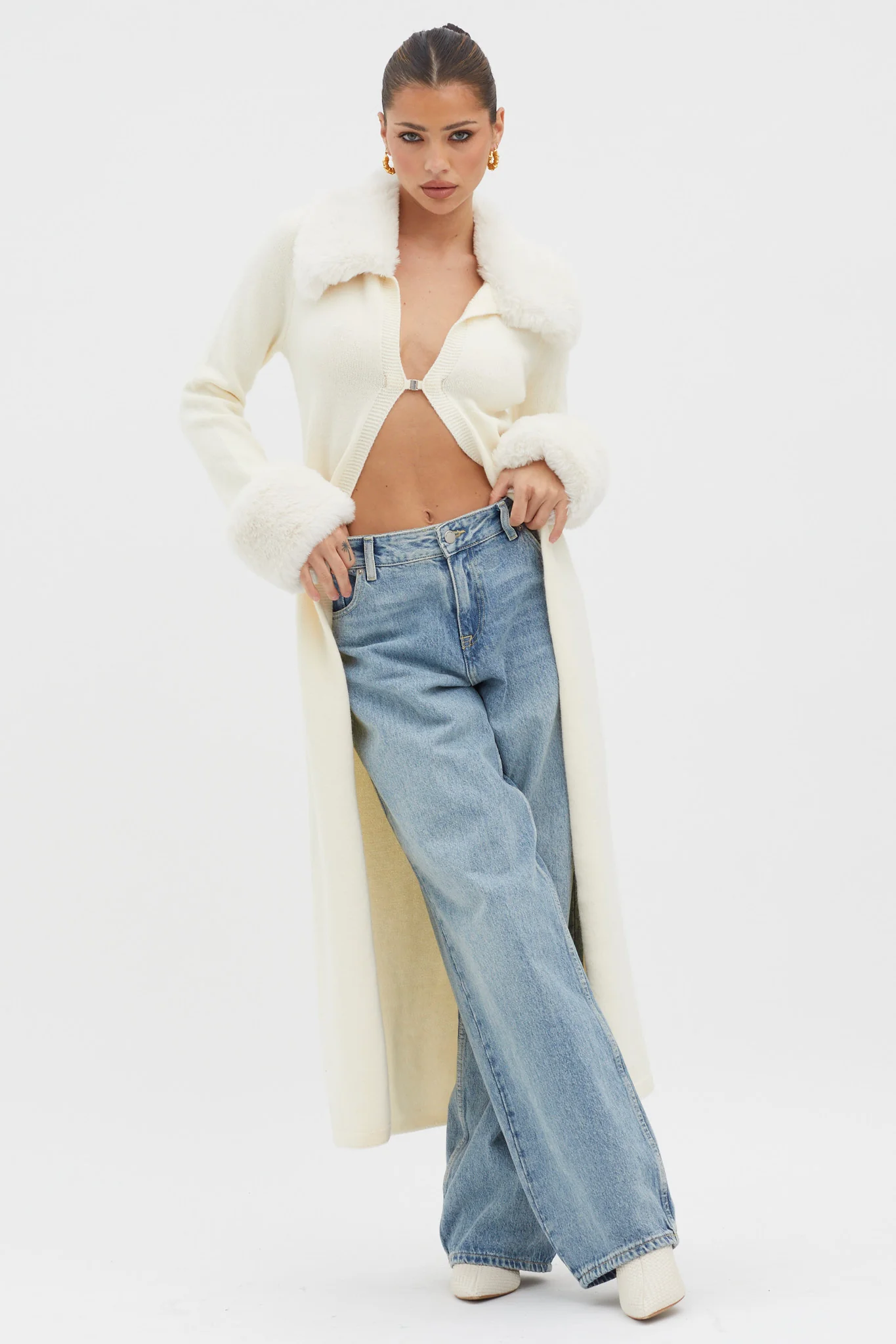 Snowflakes Fur Trim Longline Cardigan Coat Ivory - Sonourner