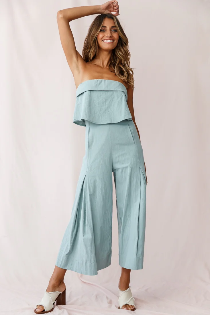 Saturday Layered Bandeau Wide Leg Capri Jumpsuit Sage - Sonourner