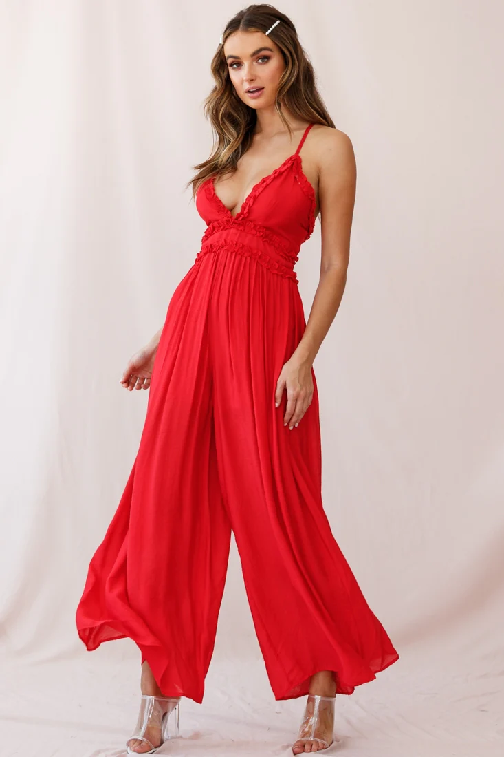 Laney Wide Leg Ruffle Detail Jumpsuit Red - Sonourner