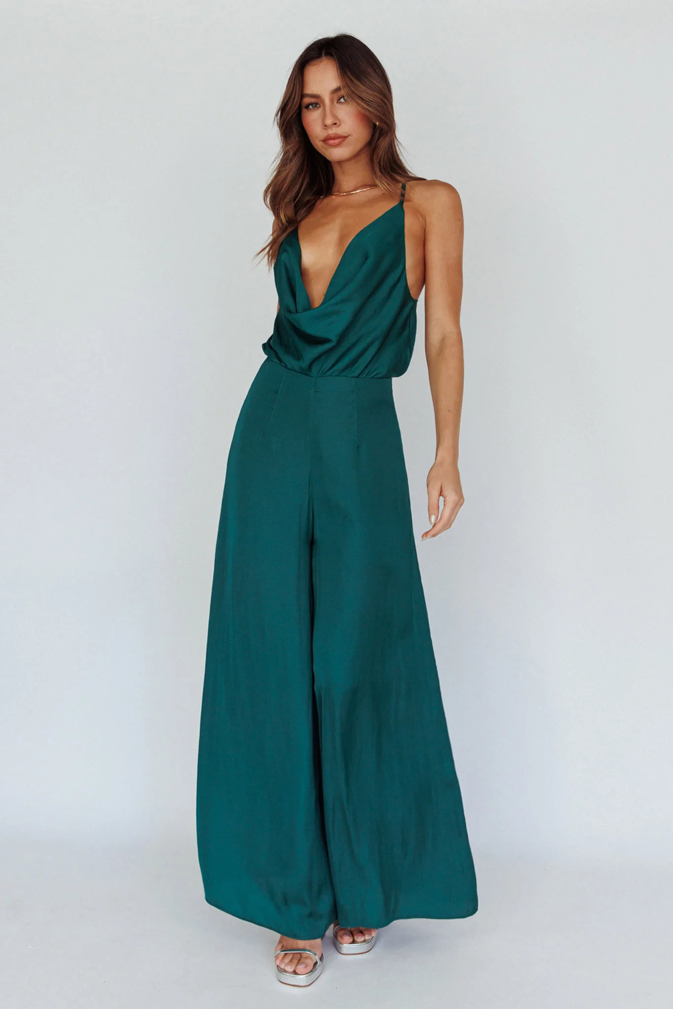 Jaclyn Wide-Leg Cowl Neck Jumpsuit Forest Green - Sonourner