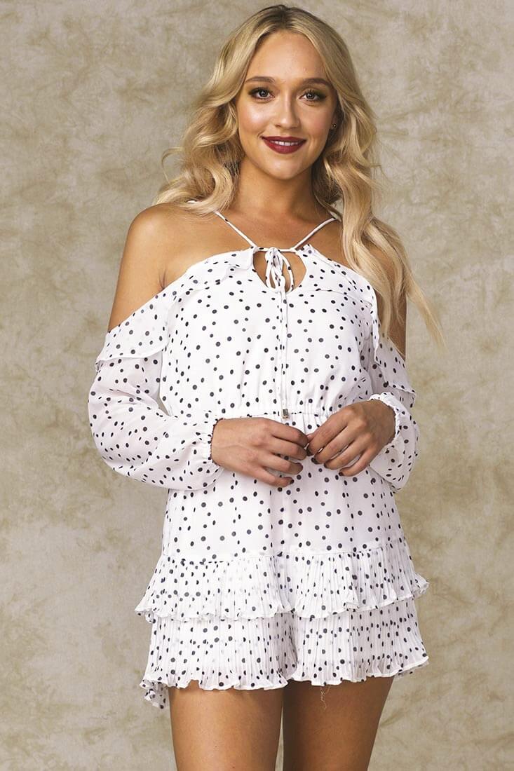 Agron Ruffled Polka Dot Romper White - Sonourner