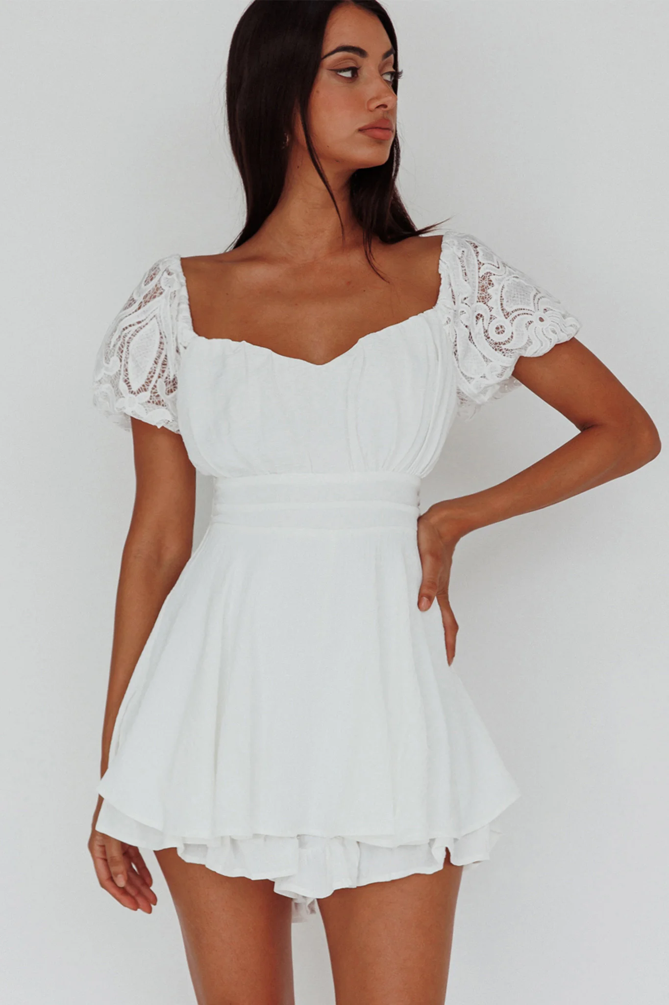 Lianah Lace Sleeve Tied Back Romper White - Sonourner