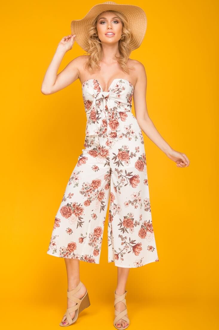 Khloe Floral Summer Bow Tie Jumpsuit White - Sonourner