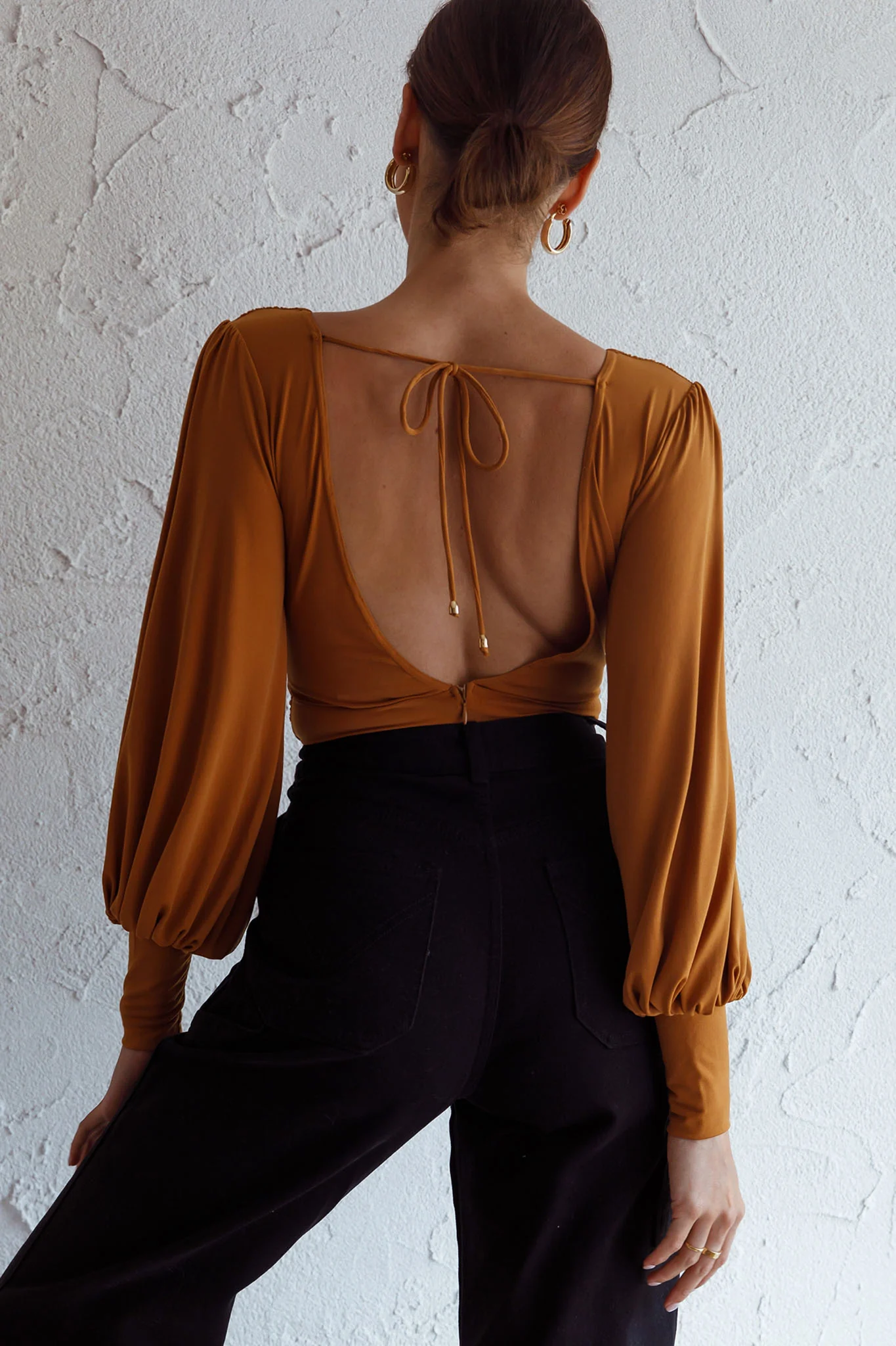 Sunsets In Tahiti Deep V-Neckline Lantern Sleeve Bodysuit Tan - Sonourner