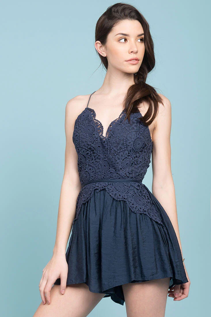 Henley Lace Top Romper Navy - Sonourner
