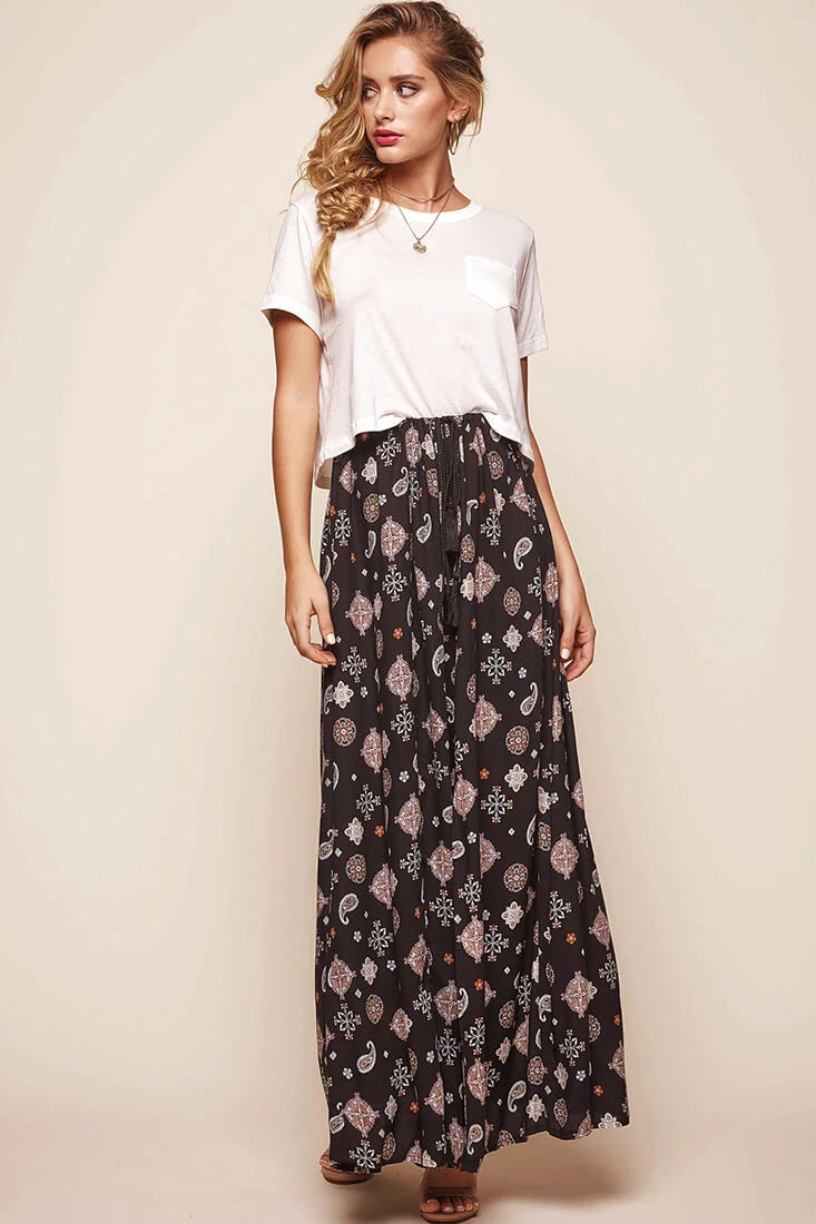 Paisley Split Maxi Skirt Black - Sonourner