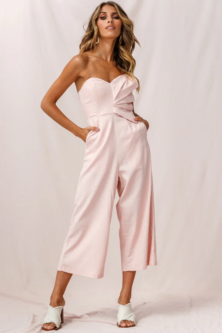 Call Me Wide-Leg Linen Bandeau Jumpsuit Blush - Sonourner