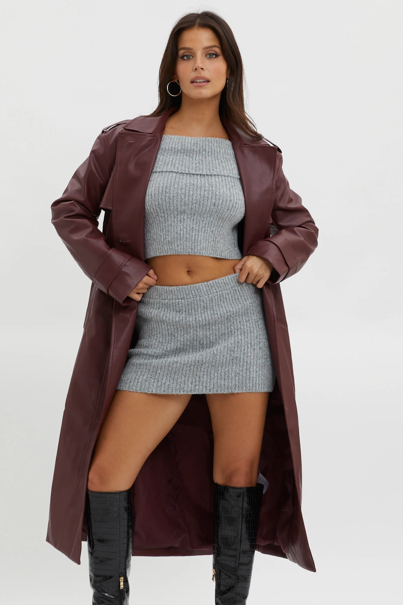 Zen Faux Leather Trench Coat Burgundy - Sonourner