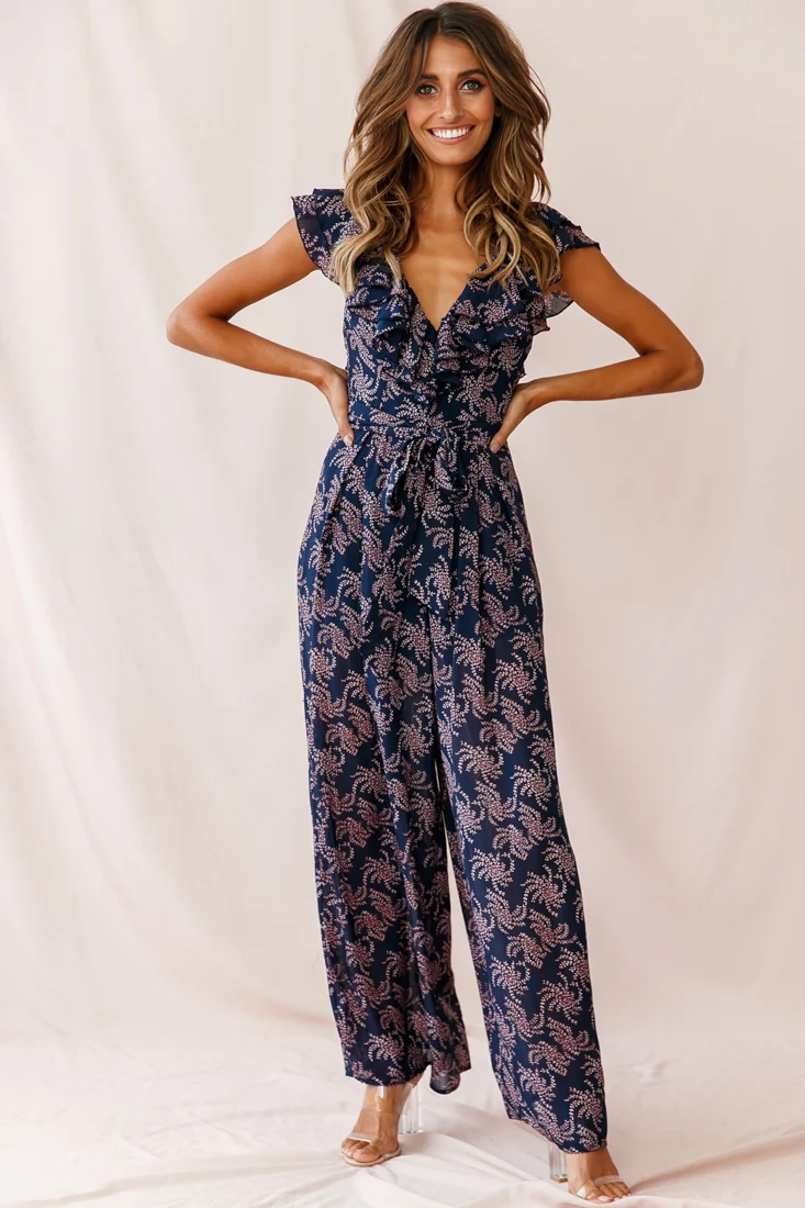 Marcia Ruffle Strap Wide Leg Jumpsuit Floral Print Navy/Pink - Sonourner