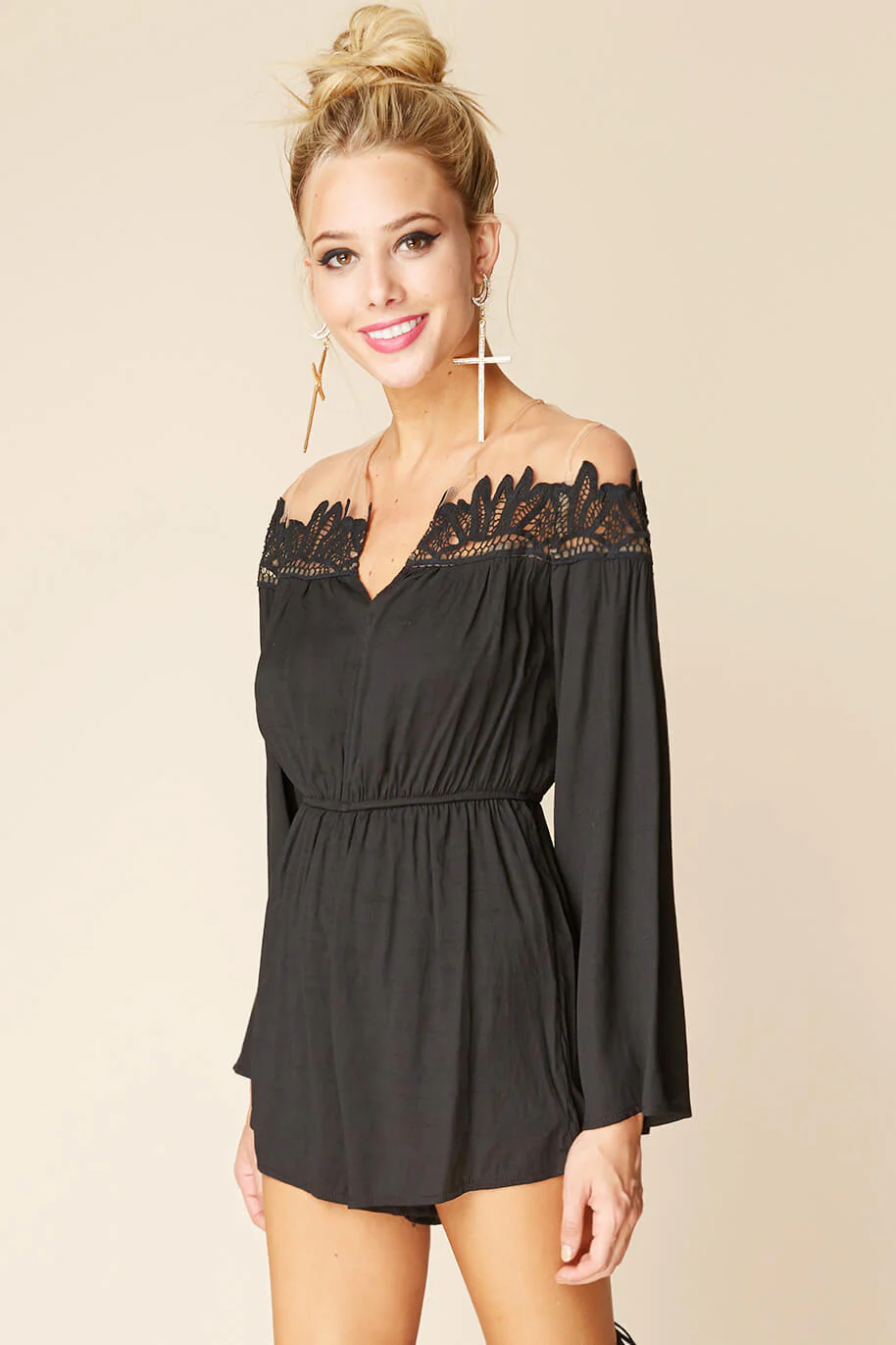 Brittany Bell Sleeve Romper Black - Sonourner