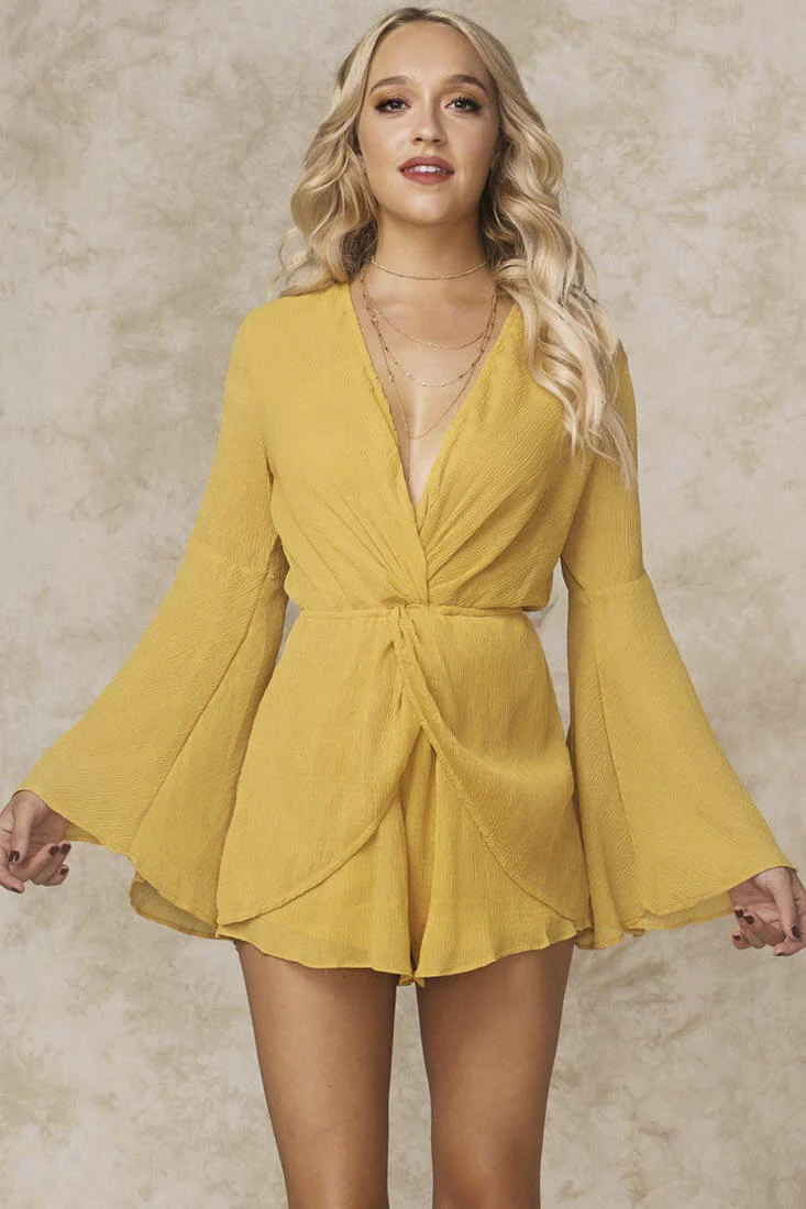 Yonce Deep V Bell Sleeve Romper Mustard - Sonourner