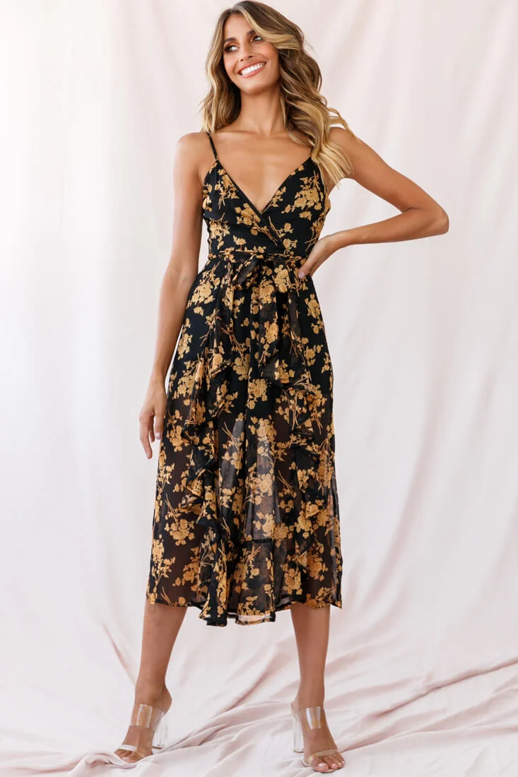 Constance Thin Strap Midi Jumpsuit Black/Orange Flower - Sonourner