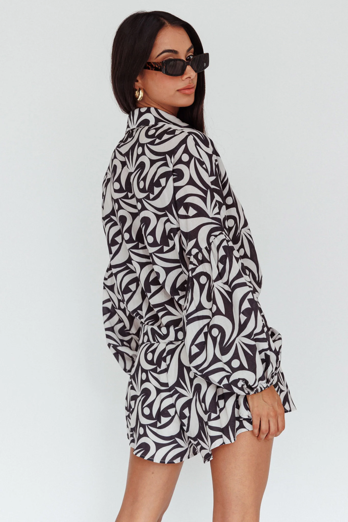 Daytona Beach Long Sleeve Shirt Romper Print Black - Sonourner