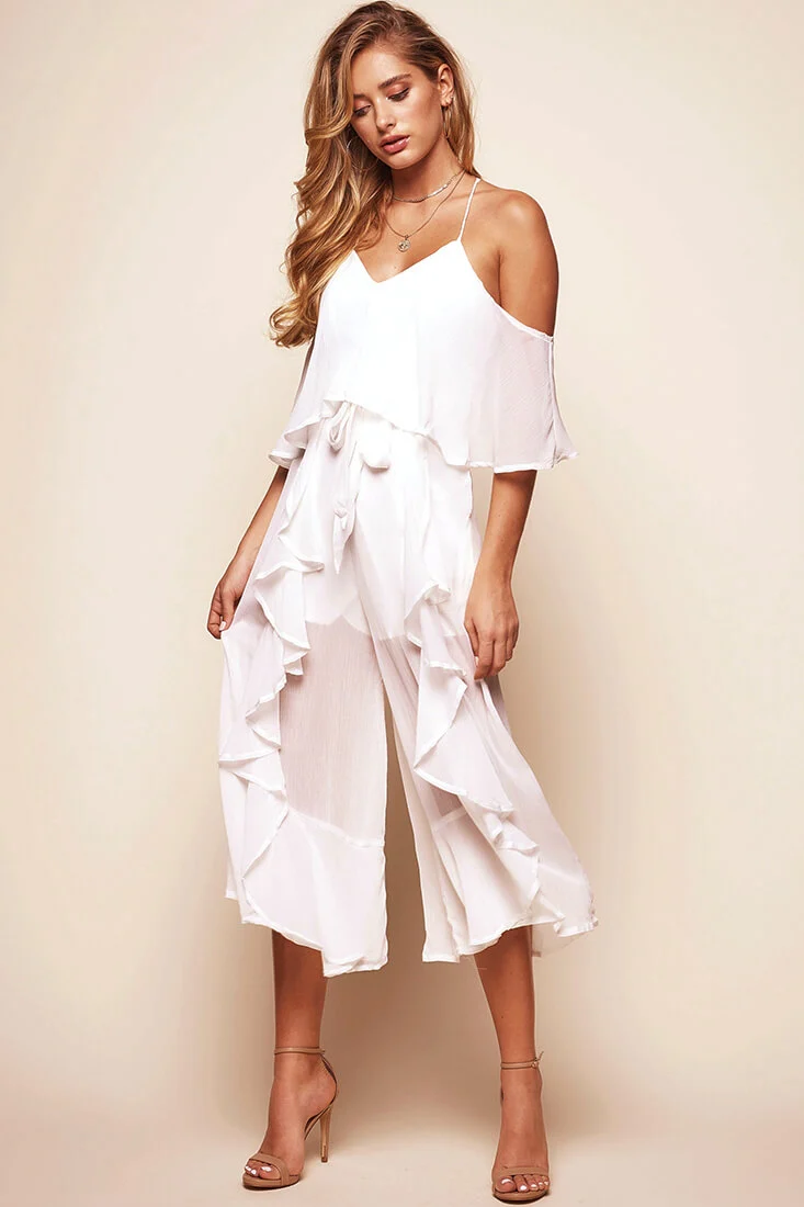 Constance Midi Ruffle Jumpsuit White - Sonourner