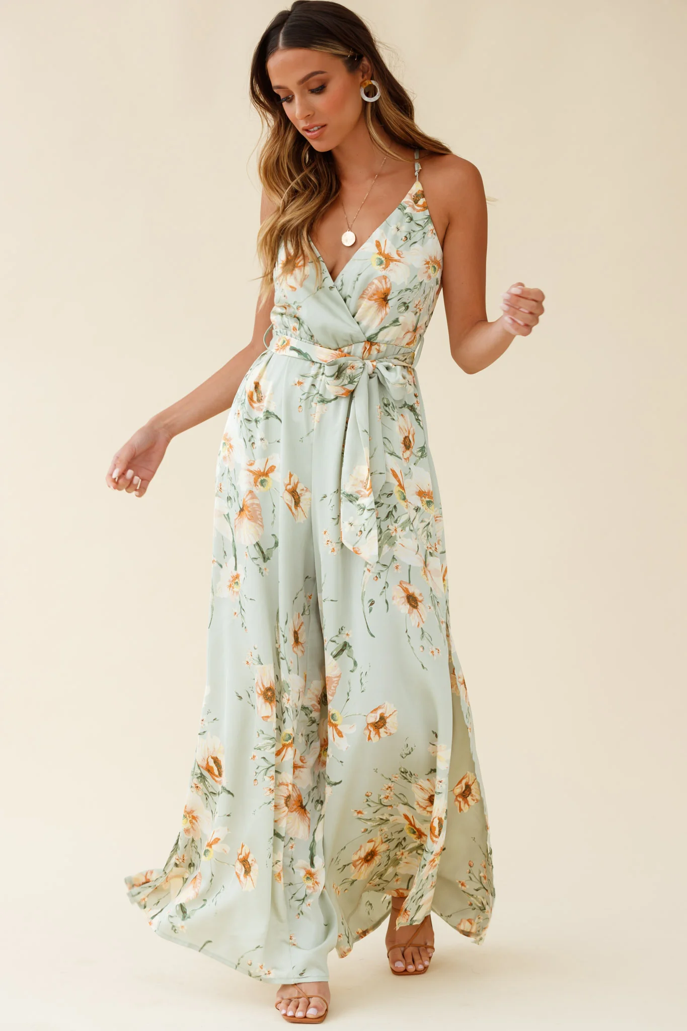 Miso Wide-Leg Cami Jumpsuit Poppy Print Pistachio - Sonourner