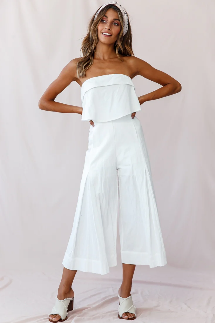 Saturday Layered Bandeau Wide Leg Capri Jumpsuit White - Sonourner
