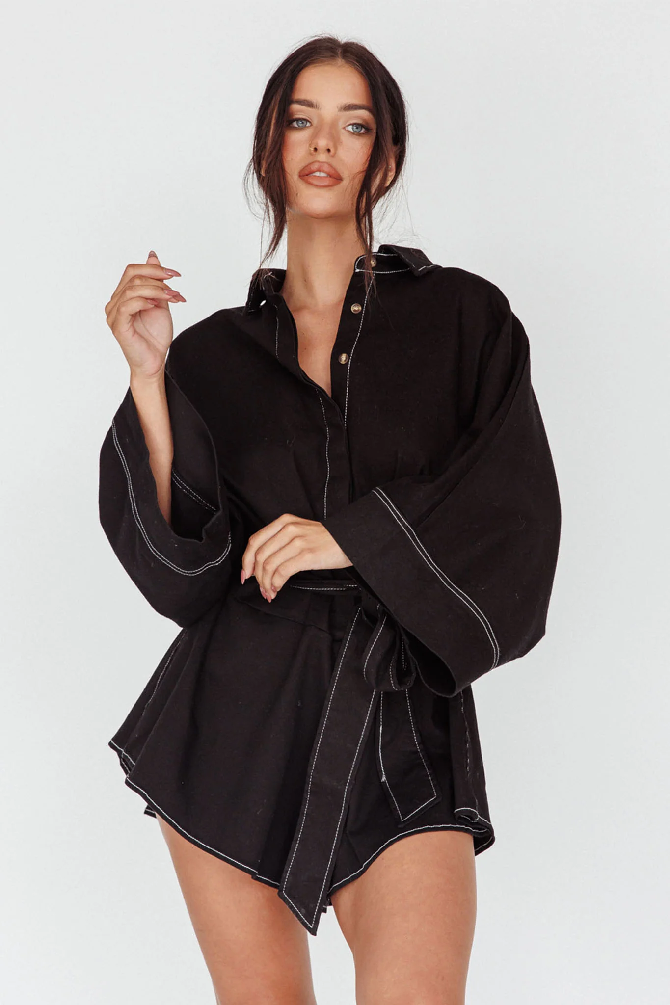 Daytona Beach Long Sleeve Shirt Romper Black - Sonourner