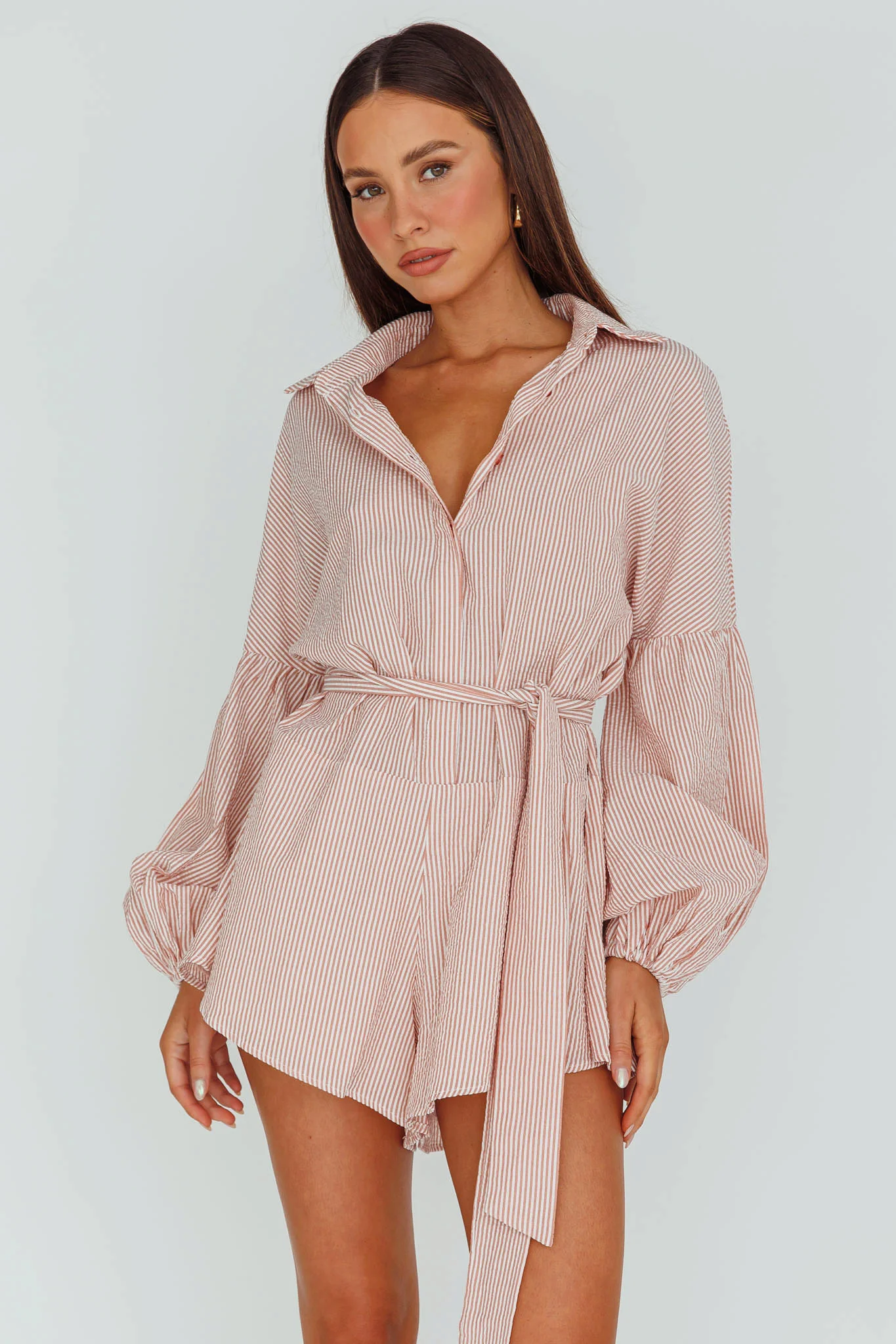 Daytona Beach Long Sleeve Shirt Romper Terracotta Stripe - Sonourner