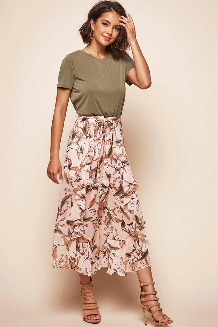 Constance Wide Leg Ruffle Pants Nude Print - Sonourner