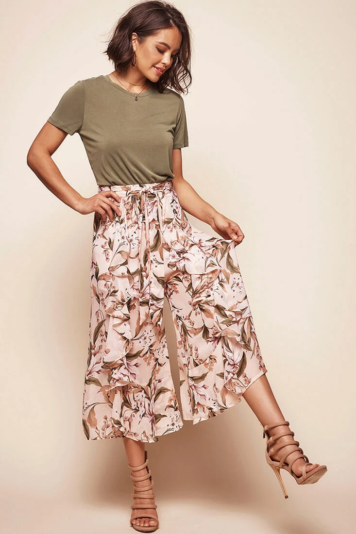 Constance Wide Leg Ruffle Pants Nude Print - Sonourner
