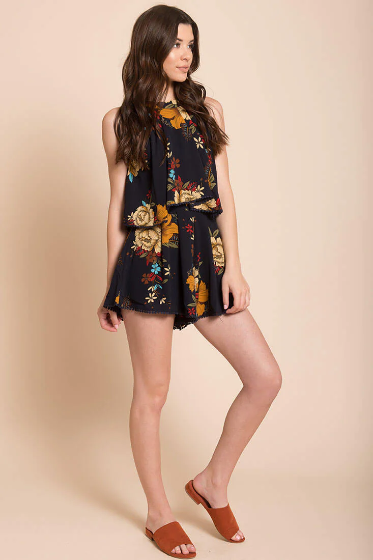 Alianna Floral Halter Romper Navy - Sonourner