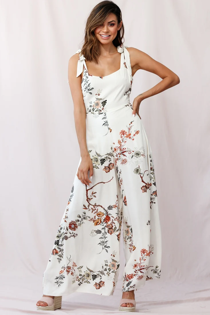 Therese Tied-Shoulder Wide Leg Jumpsuit Floral Print Beige - Sonourner