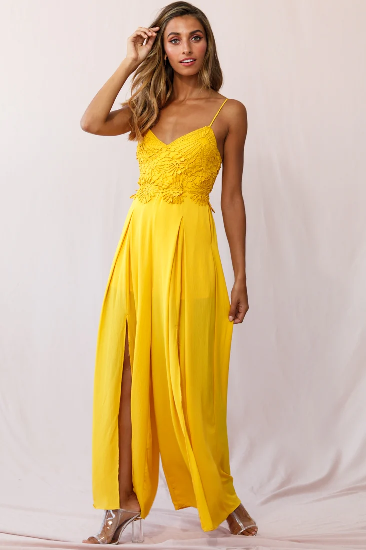 Ada Applique Embroidery Bust Wide Leg Jumpsuit Mustard - Sonourner
