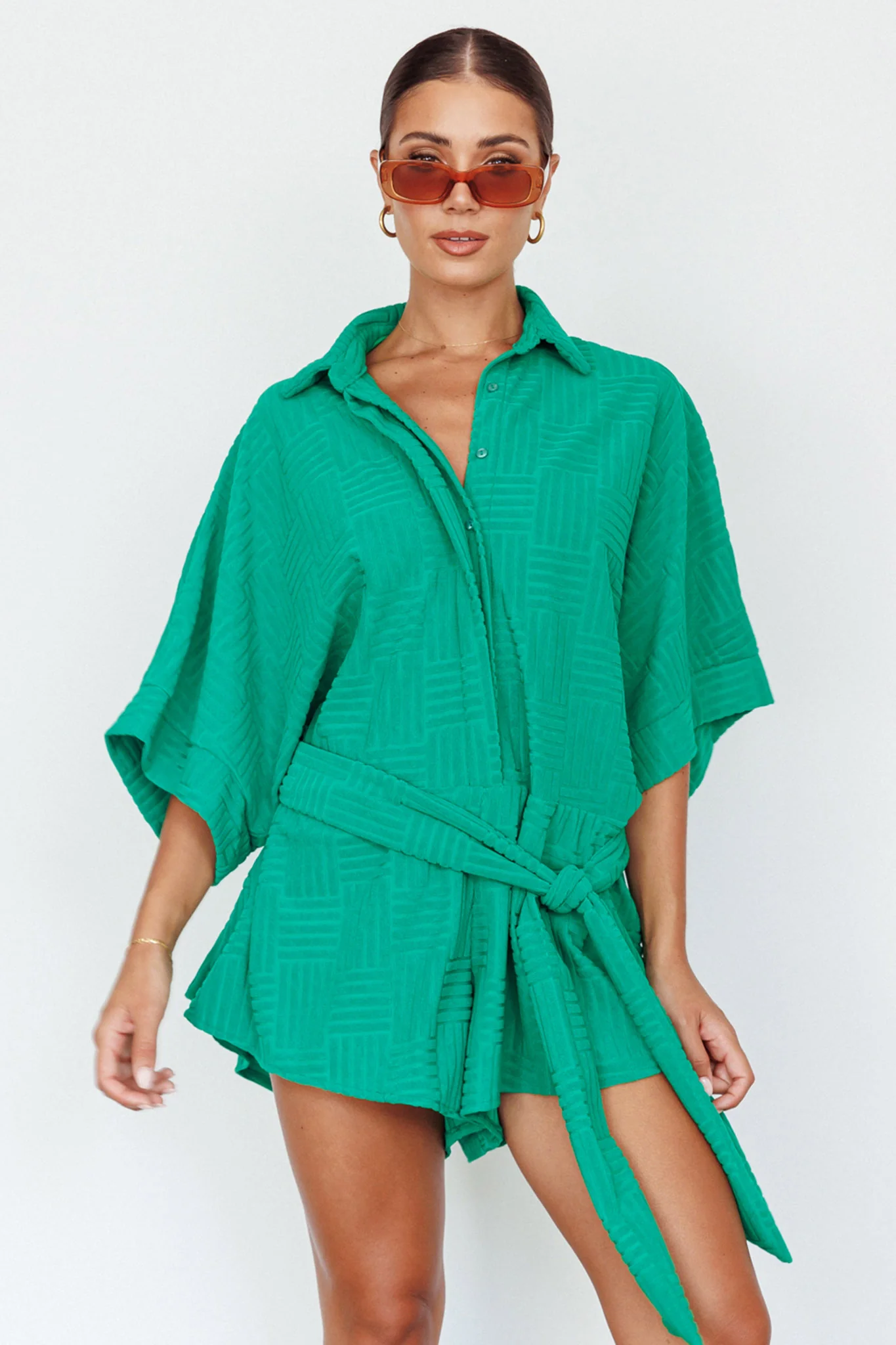 Daytona Beach Button-Up Romper Textured Green - Sonourner