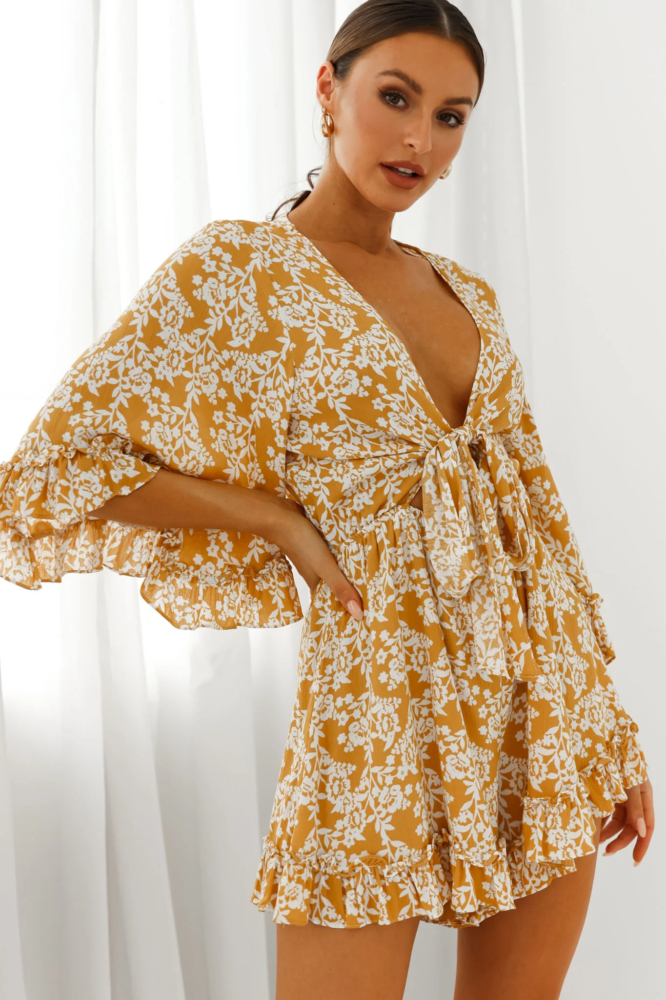 Athira Tied Bust Flared Sleeve Floral Stencil Print Romper Yellow - Sonourner