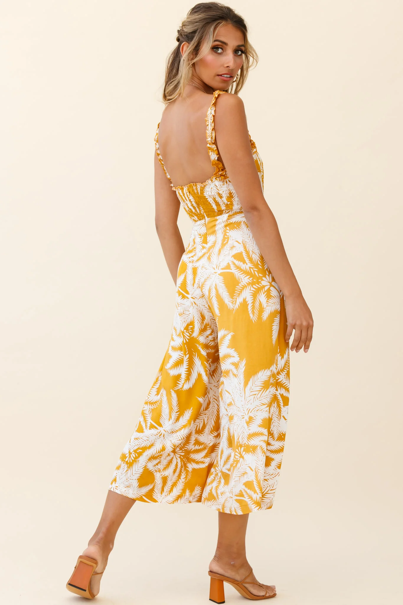 Magdalene Frill Strap Midi Jumpsuit Palm Print Yellow - Sonourner