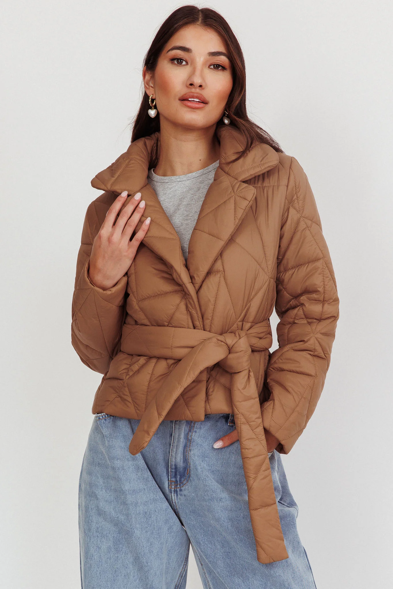Kiersten Waist Tie Puffer Jacket Mocha - Sonourner